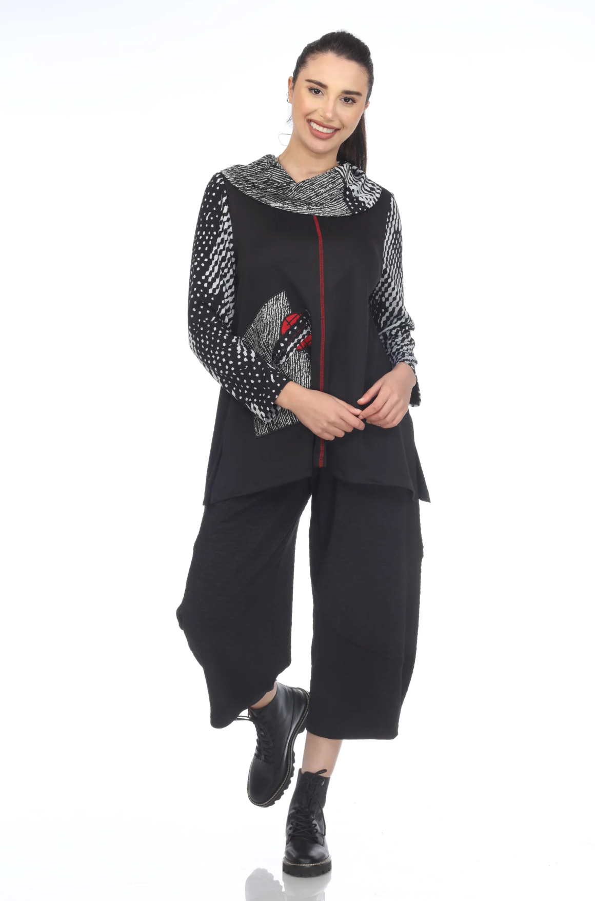 MOONLIGHT Black & Gray Mixed Media Long Sleeve Cowl Neck Tunic - 3429 AB