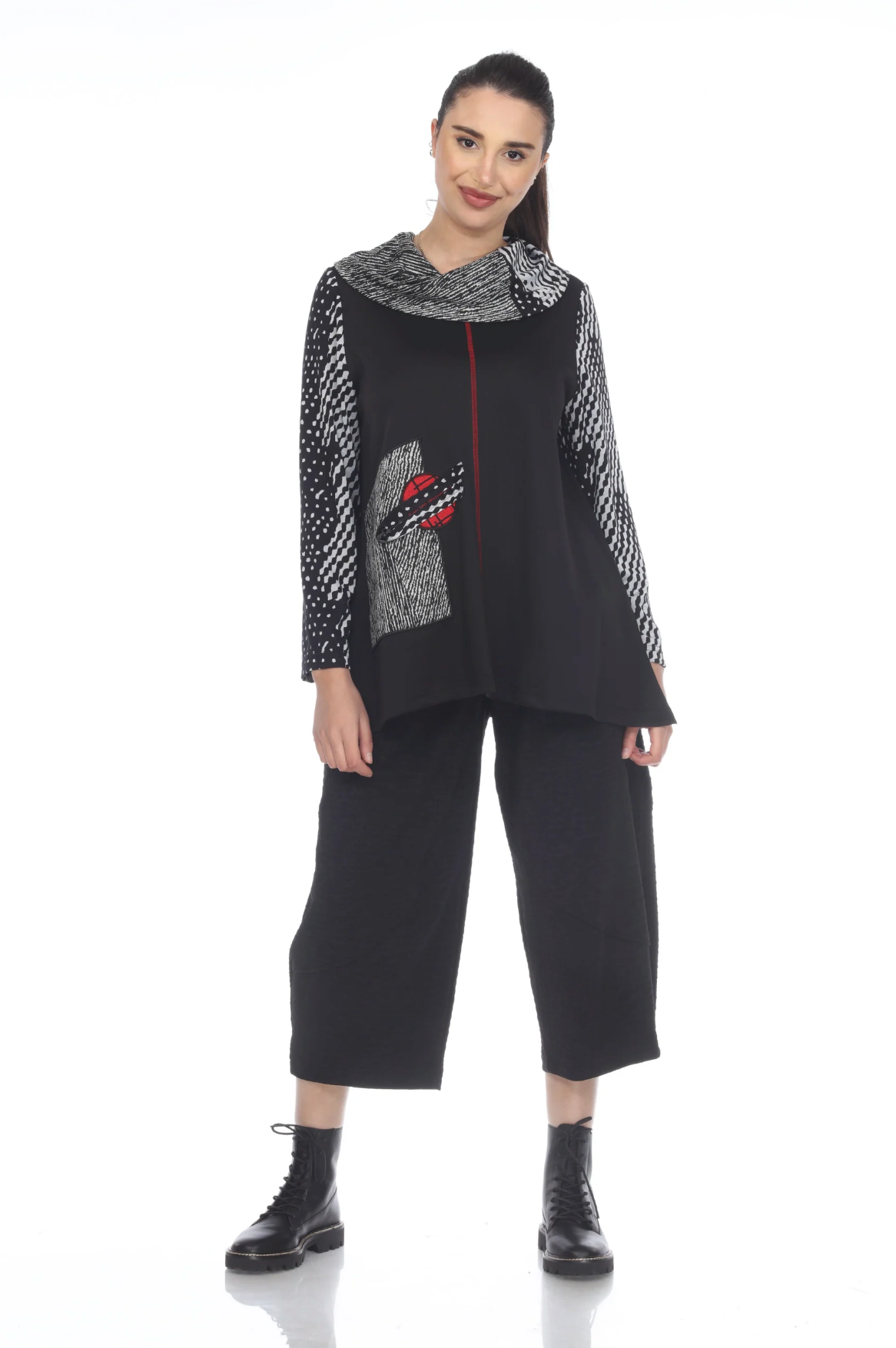 MOONLIGHT Black & Gray Mixed Media Long Sleeve Cowl Neck Tunic - 3429 AB