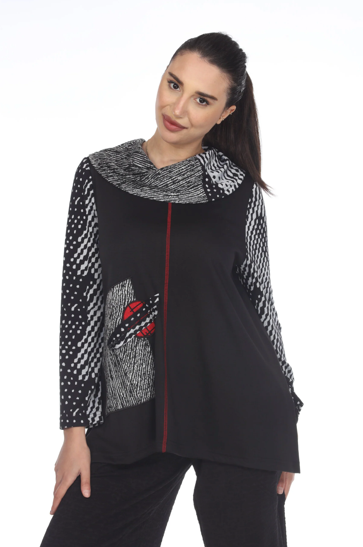 MOONLIGHT Black & Gray Mixed Media Long Sleeve Cowl Neck Tunic - 3429 AB