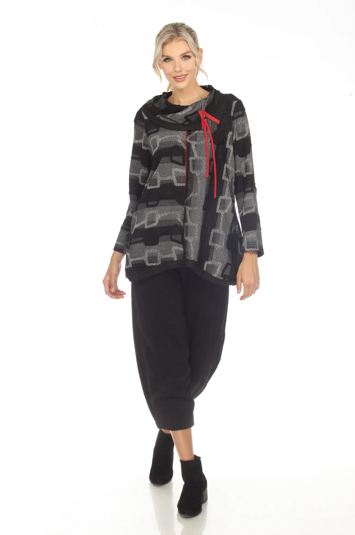 MOONLIGHT Black & Gray Link Print Red Accent Cowl Neck Tunic - 3481