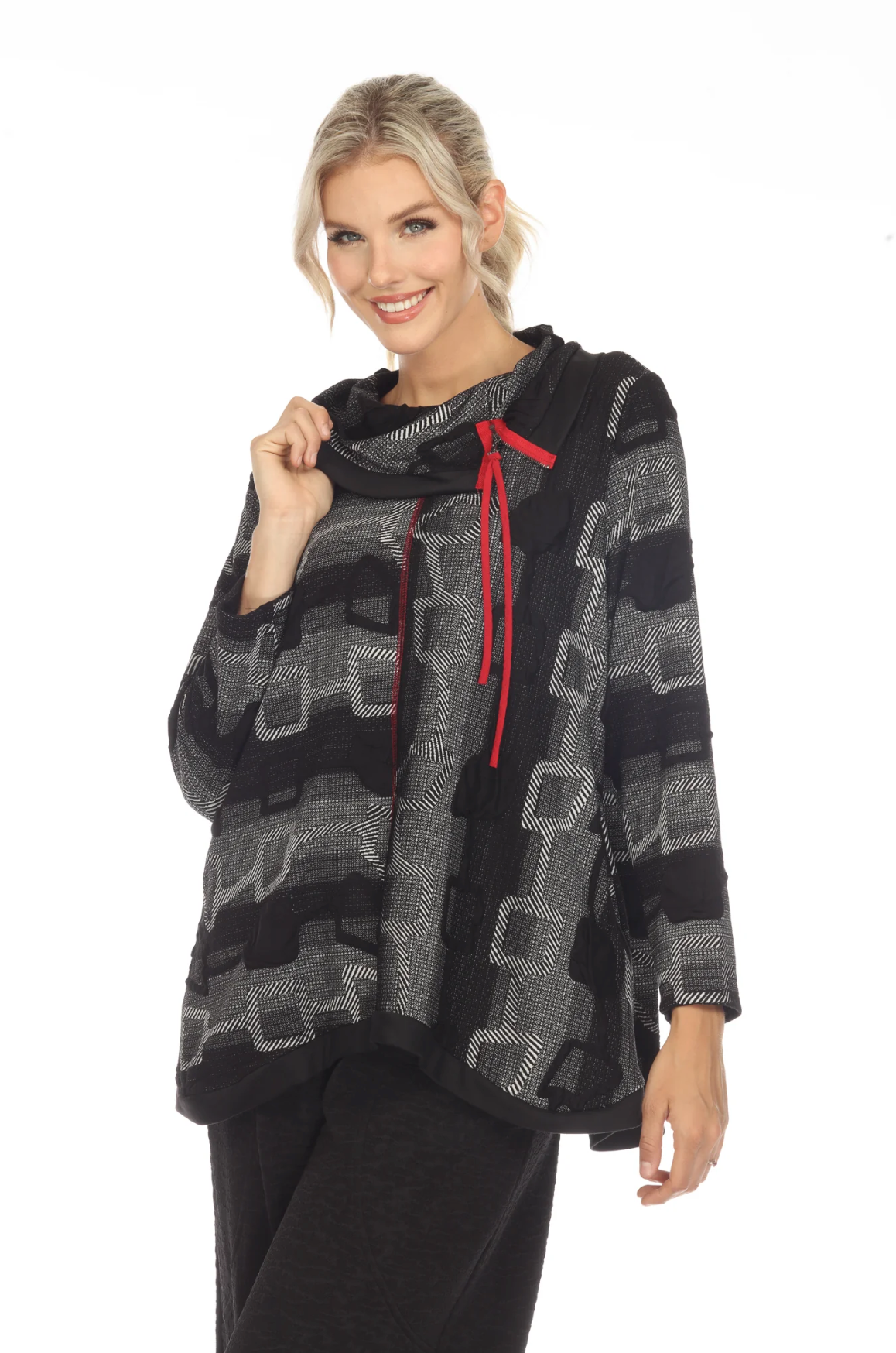 MOONLIGHT Black & Gray Link Print Red Accent Cowl Neck Tunic - 3481