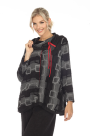 MOONLIGHT Black & Gray Link Print Red Accent Cowl Neck Tunic - 3481