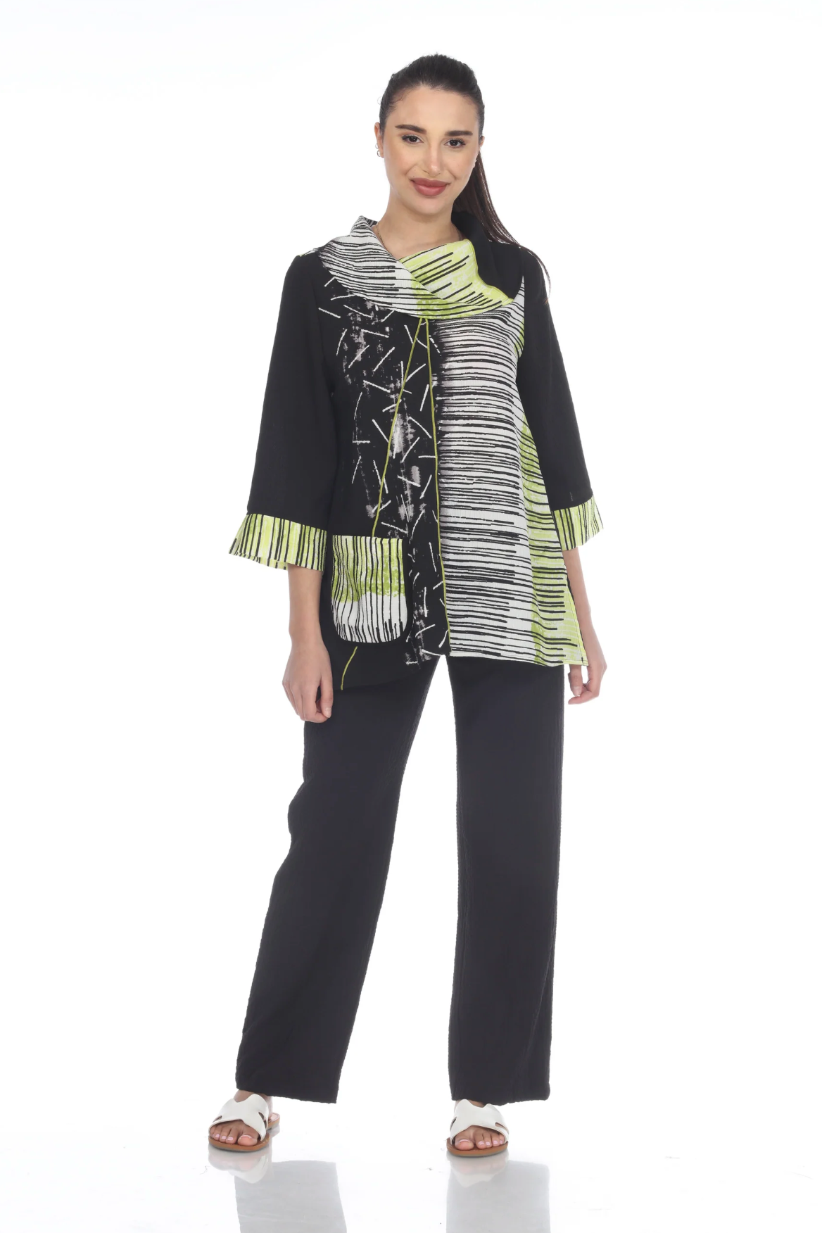 MOONLIGHT Black, White & Lime Split Pattern Cowl Neck Tunic - 3502