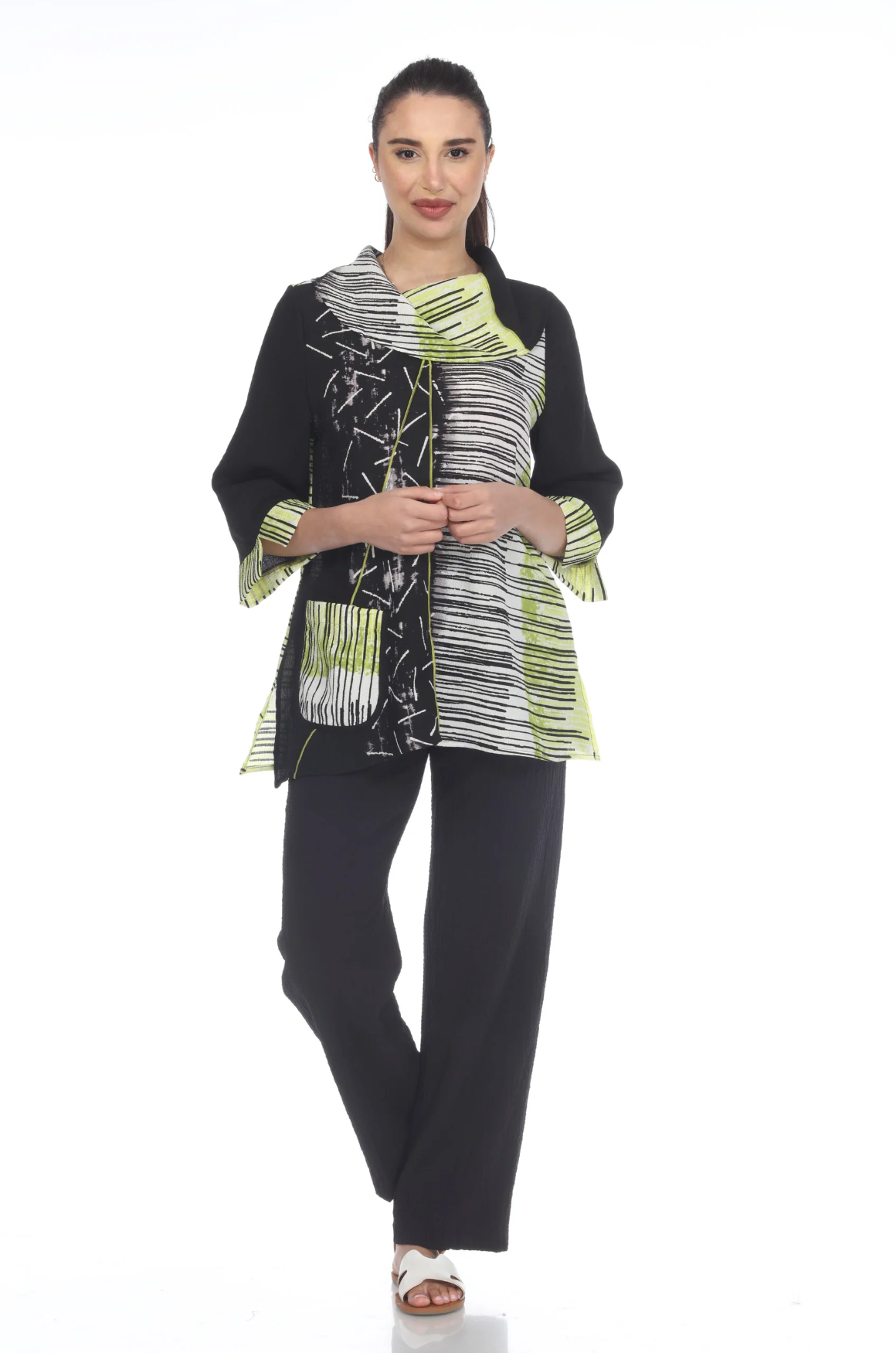 MOONLIGHT Black, White & Lime Split Pattern Cowl Neck Tunic - 3502