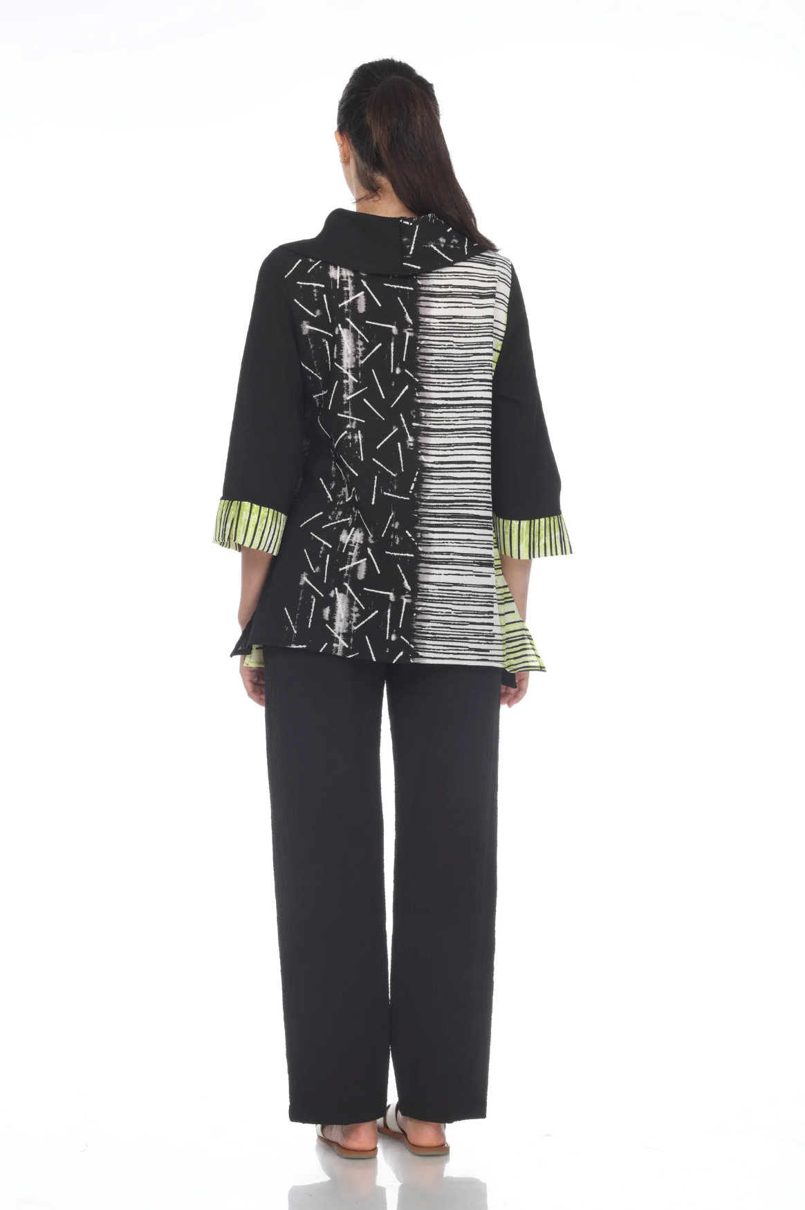 MOONLIGHT Black, White & Lime Split Pattern Cowl Neck Tunic - 3502