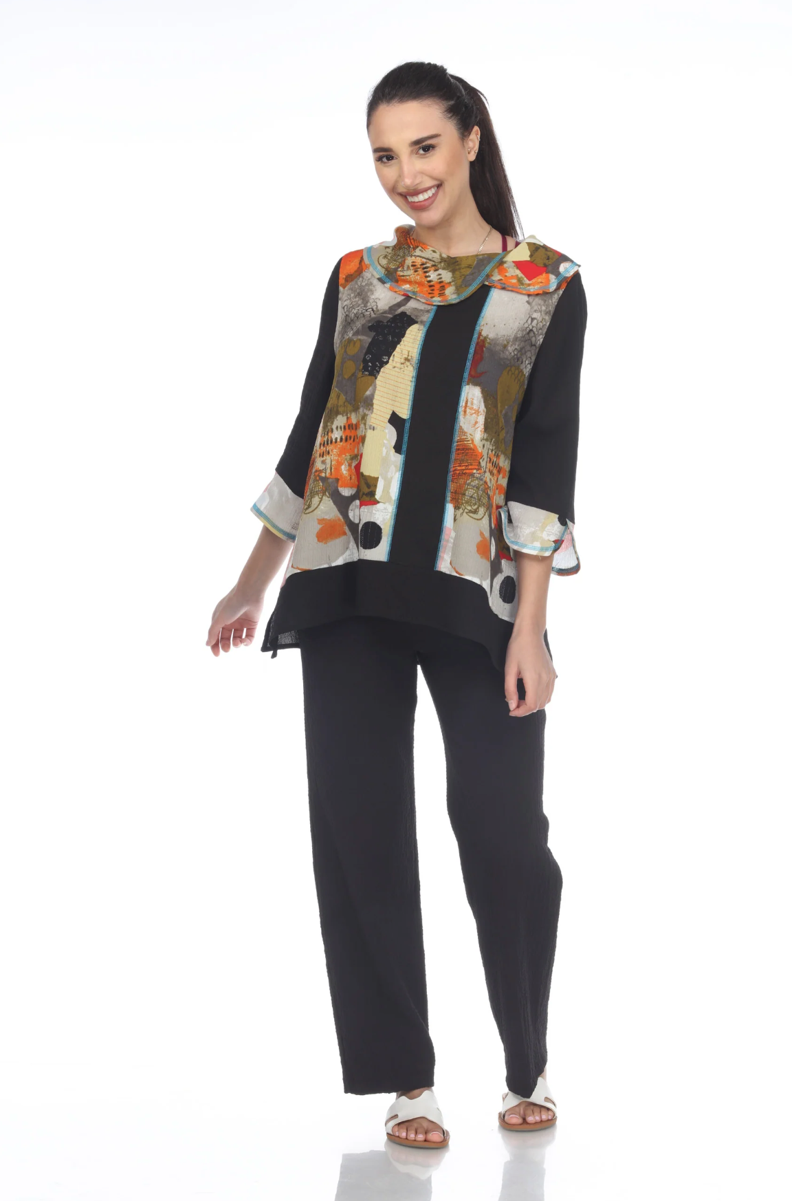 MOONLIGHT Black & Mixed Media Abstract Accent Print Cowl Neck Tunic - 3505