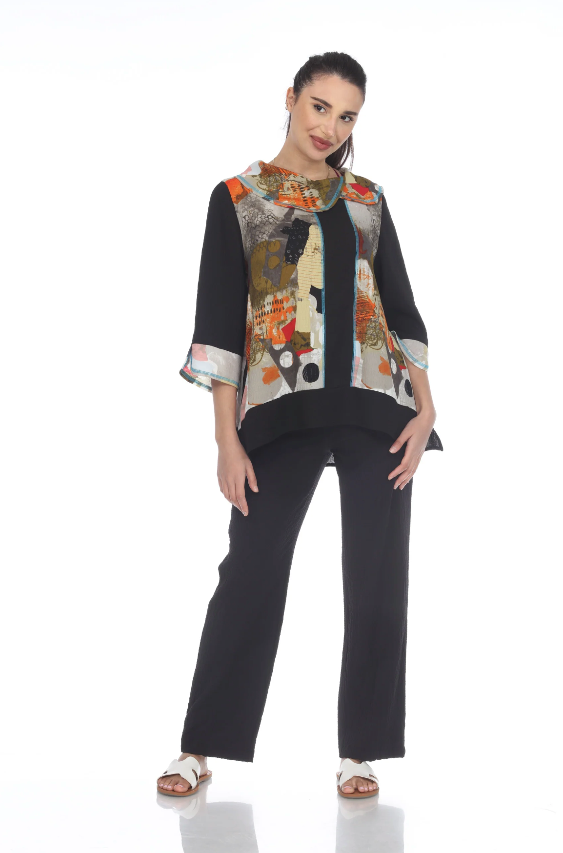 MOONLIGHT Black & Mixed Media Abstract Accent Print Cowl Neck Tunic - 3505