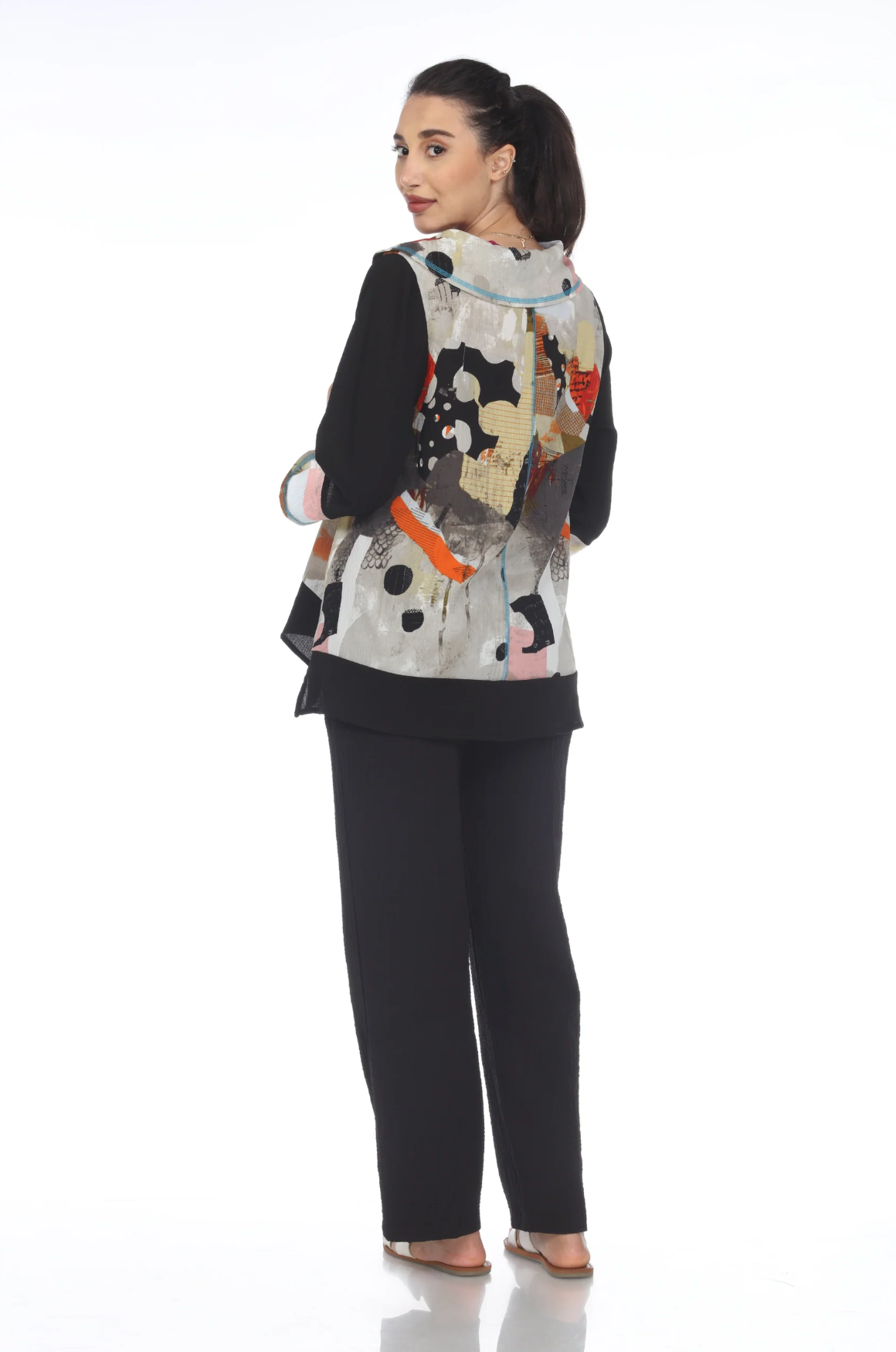 MOONLIGHT Black & Mixed Media Abstract Accent Print Cowl Neck Tunic - 3505