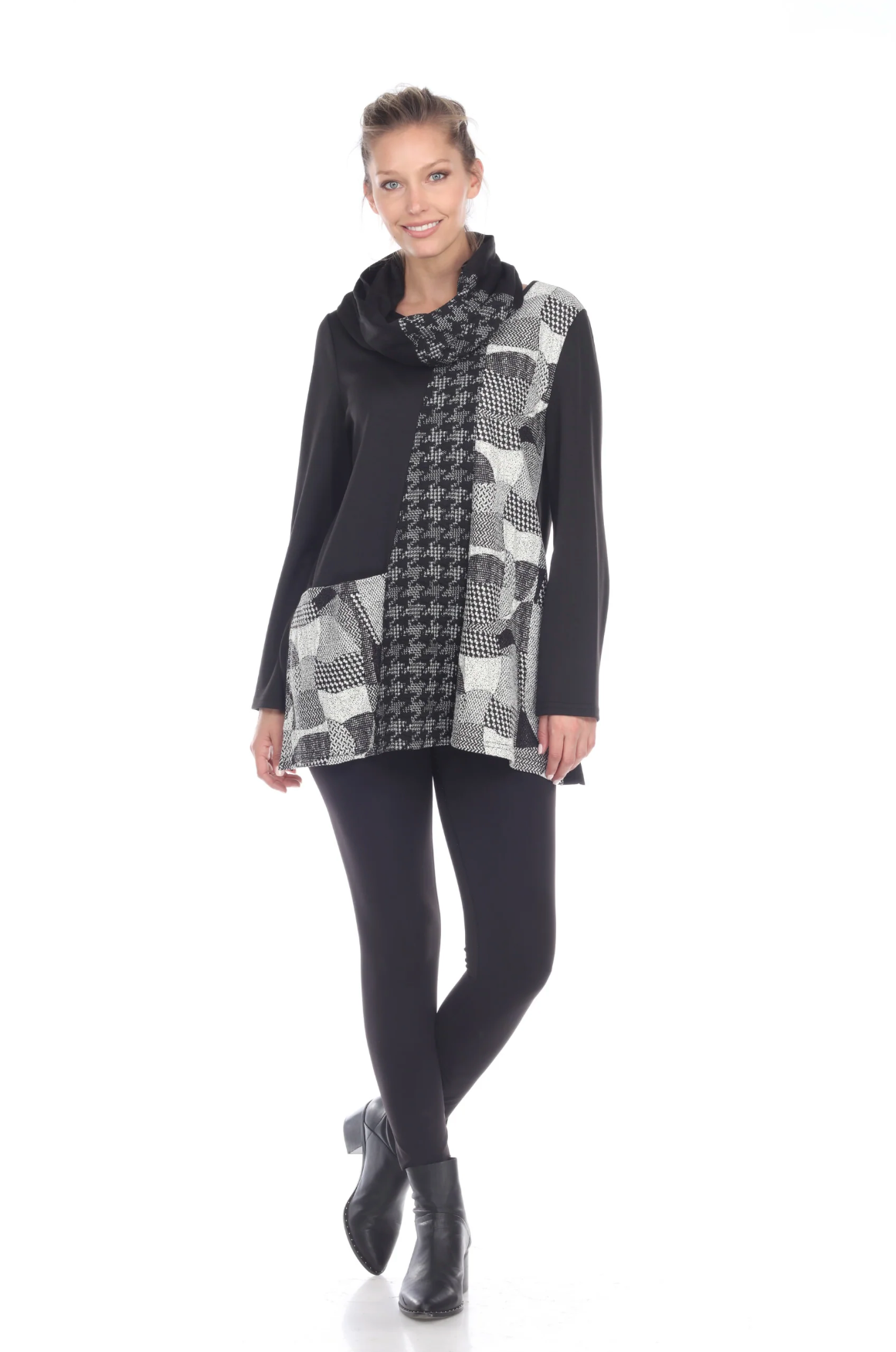 MOONLIGHT Black, Gray & White Mixed Media Cowl Neck Tunic Top - 2056-SKF