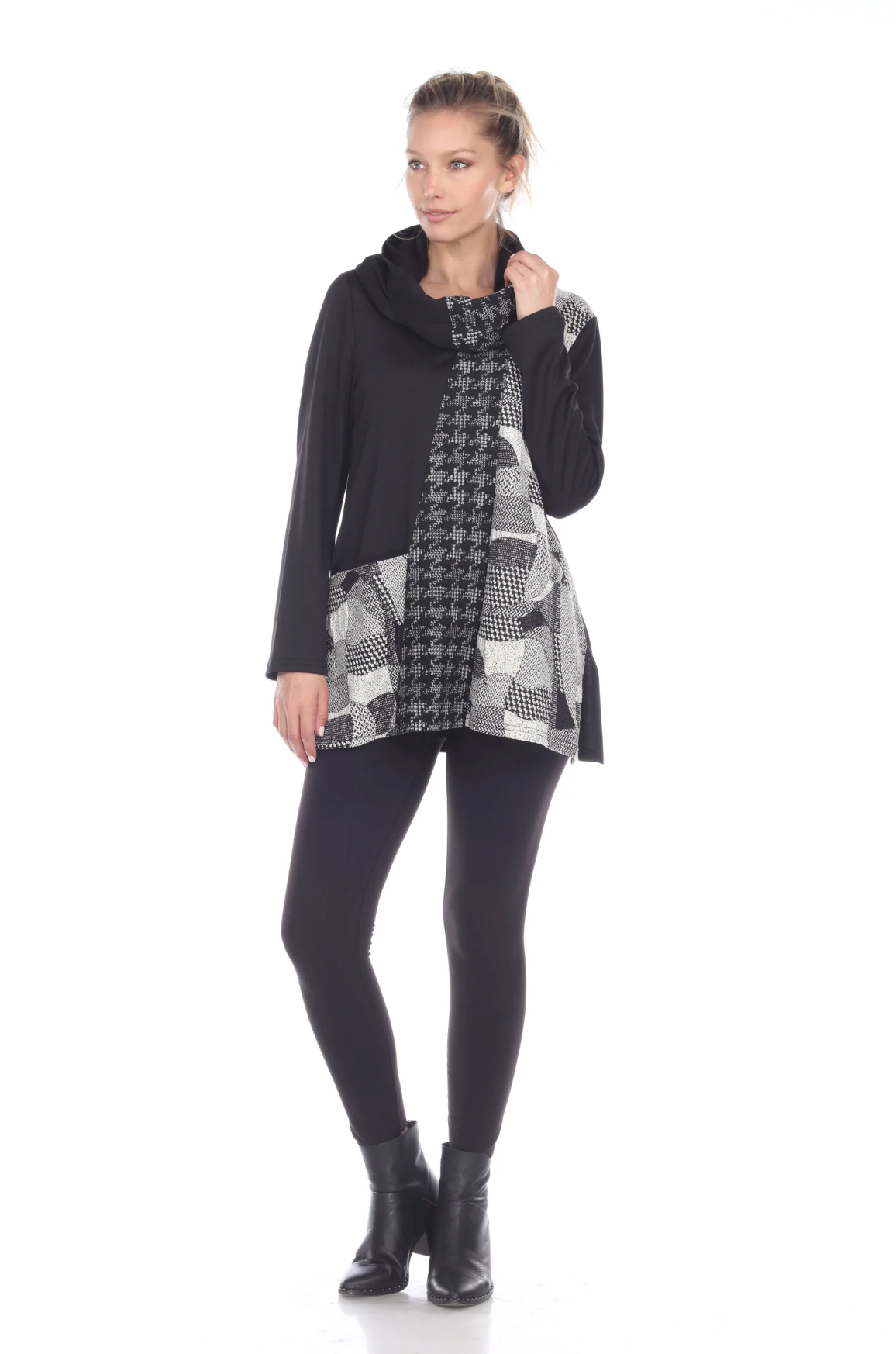 MOONLIGHT Black, Gray & White Mixed Media Cowl Neck Tunic Top - 2056-SKF