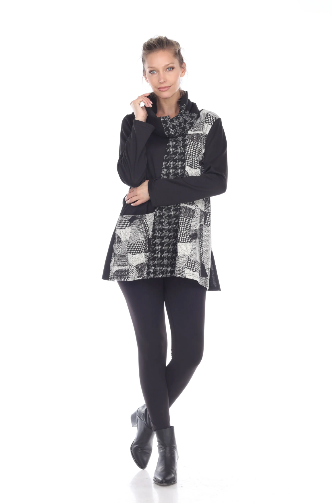 MOONLIGHT Black, Gray & White Mixed Media Cowl Neck Tunic Top - 2056-SKF
