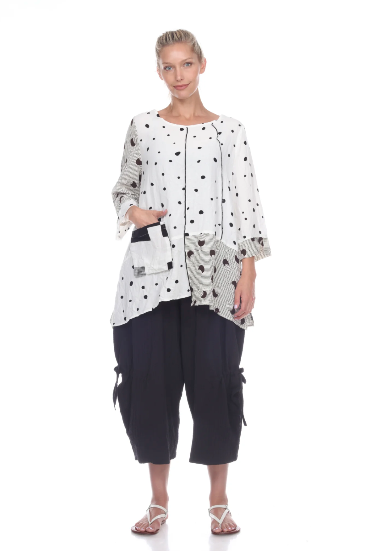 MOONLIGHT White & Gray Dot Pocket Patch Crinkle White Top - 2995