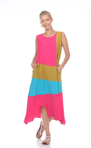 MOONLIGHT Bright Pink, Gold & Blue Color Block Long Dress - 3205