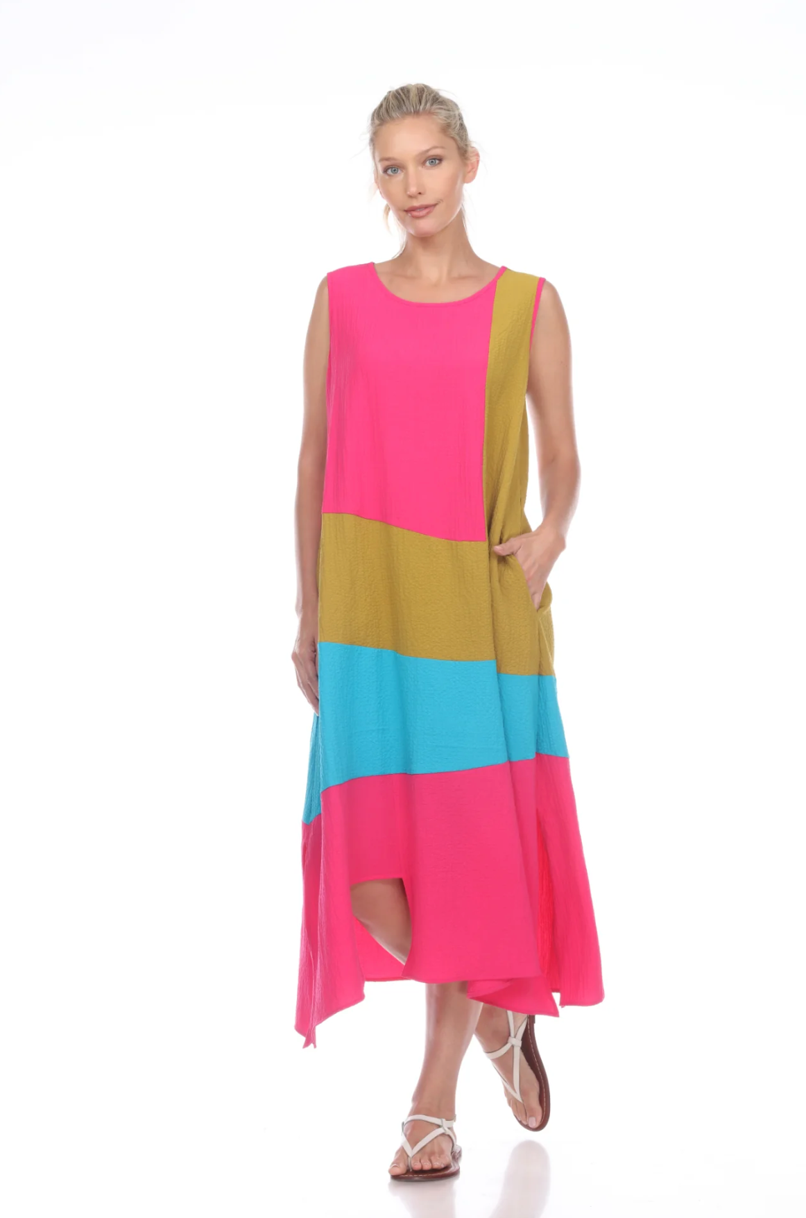MOONLIGHT Bright Pink, Gold & Blue Color Block Long Dress - 3205