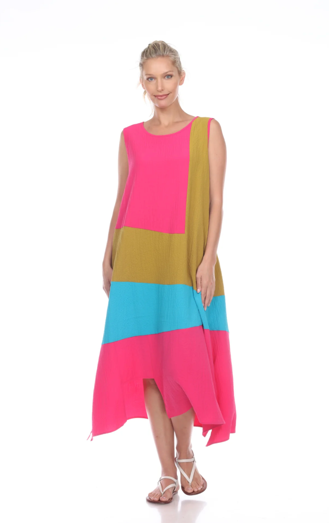 MOONLIGHT Bright Pink, Gold & Blue Color Block Long Dress - 3205
