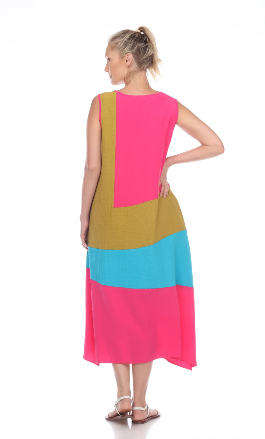 MOONLIGHT Bright Pink, Gold & Blue Color Block Long Dress - 3205