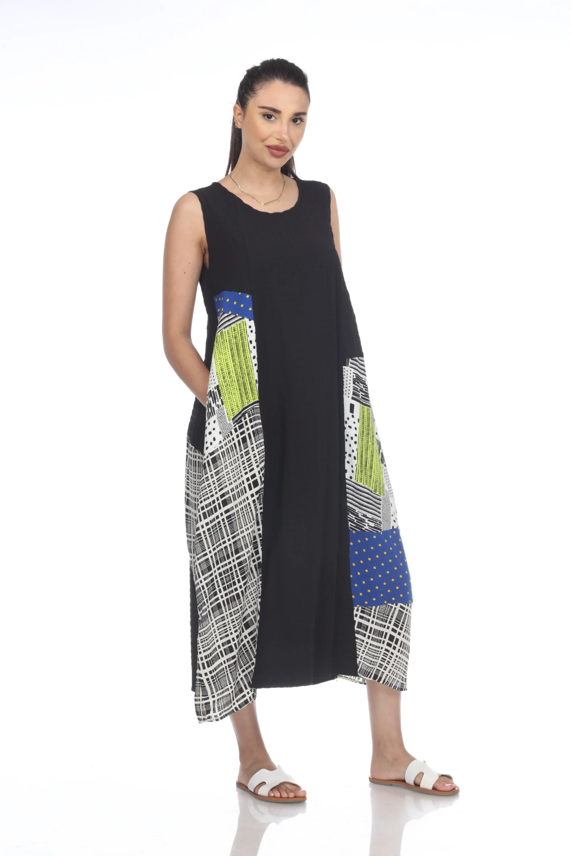 MOONLIGHT Black & White Accent Color Mixed Media Long Dress - 3283