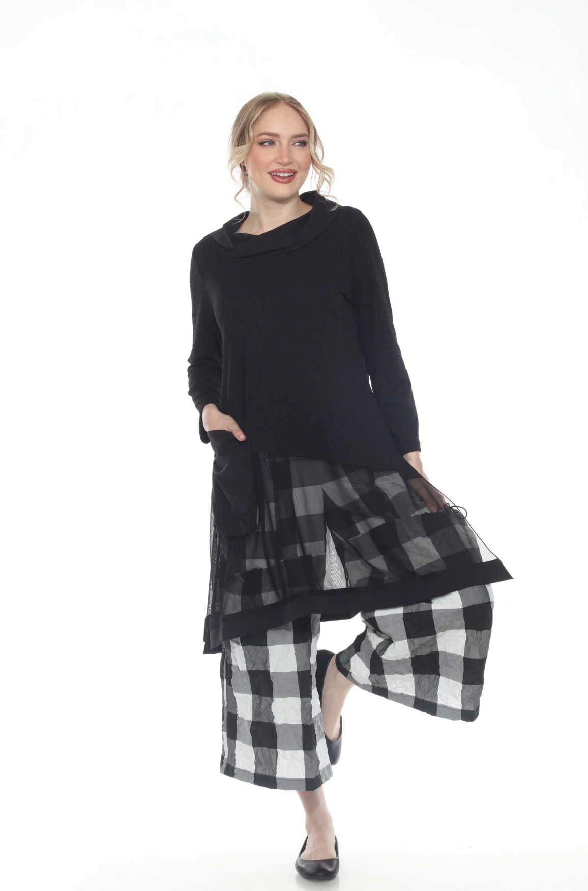 MOONLIGHT Solid Black Mesh Bottom Cowl Neck Long Top - 3935
