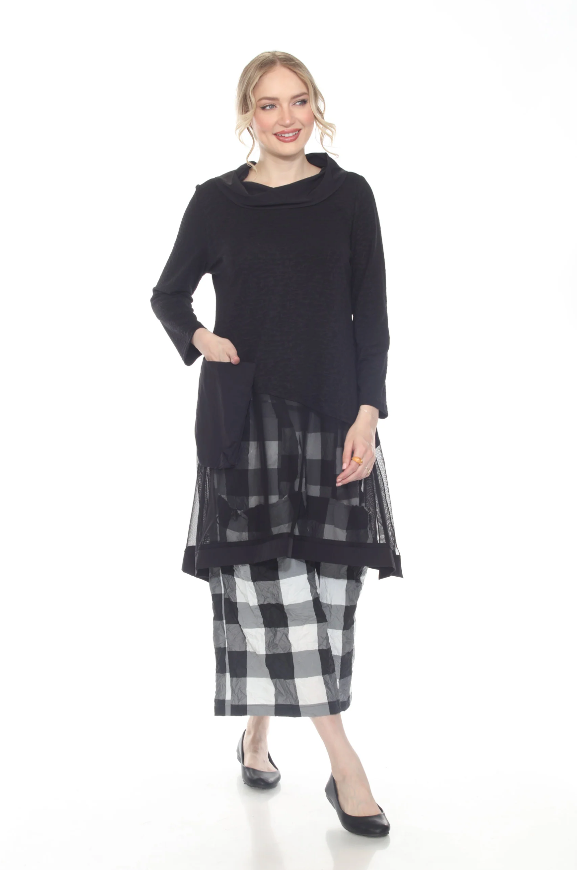 MOONLIGHT Solid Black Mesh Bottom Cowl Neck Long Top - 3935