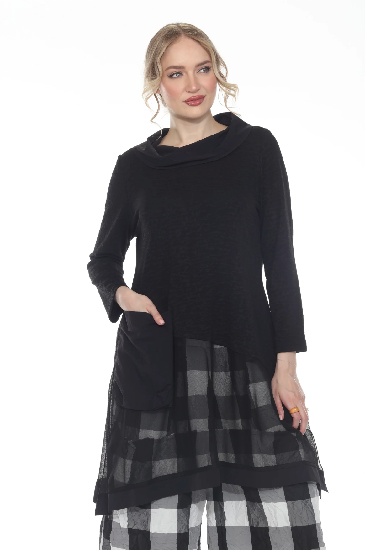 MOONLIGHT Solid Black Mesh Bottom Cowl Neck Long Top - 3935
