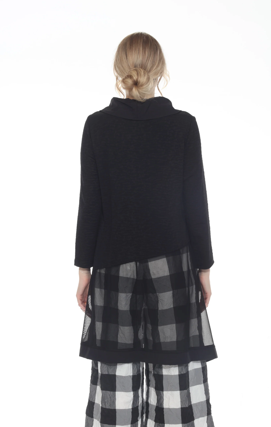 MOONLIGHT Solid Black Mesh Bottom Cowl Neck Long Top - 3935