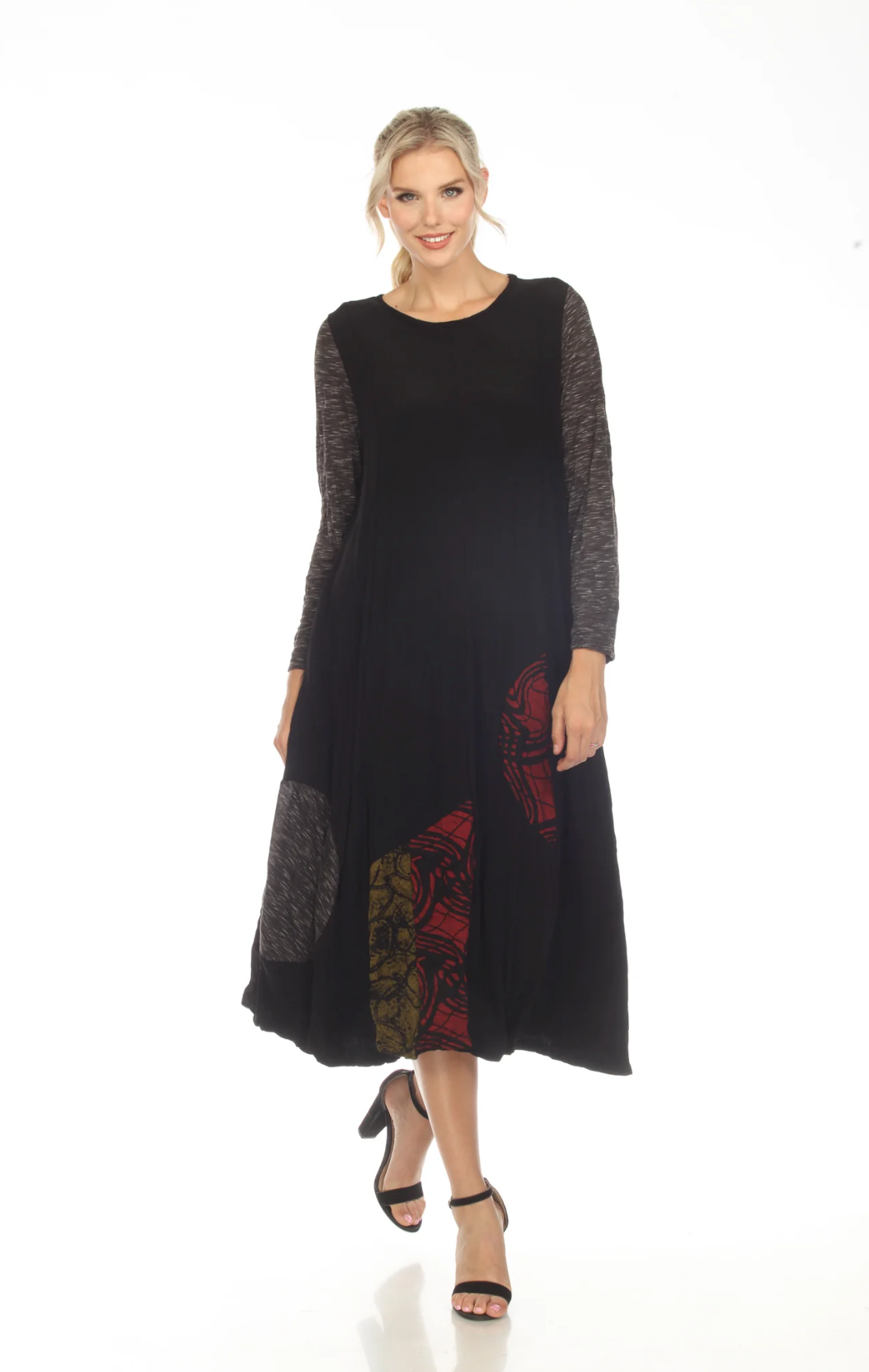 MOONLIGHT Black & Gray Accent Color Subtle Pattern Long Sleeve Dress - D3607