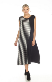 MOONLIGHT Split Black & White Stripe Long Sleeveless Dress - D3652