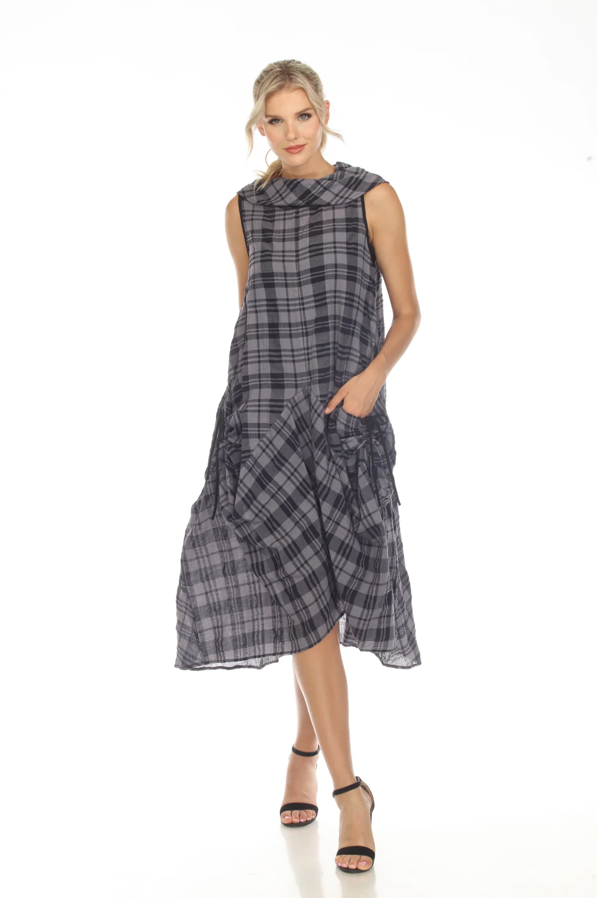 MOONLIGHT Blue & Navy Checkered Cowl Neck Pocket Dress - D3698