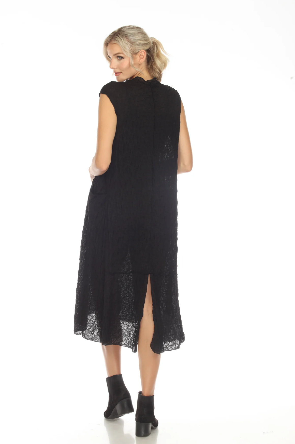 MOONLIGHT Solid Black High Neck Textured Pocket Dress - D3712
