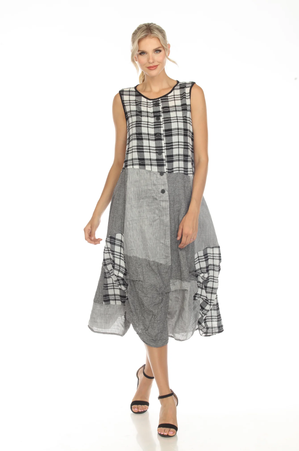 MOONLIGHT Gray, Black & White Checkered Sleeveless Dress - D3760
