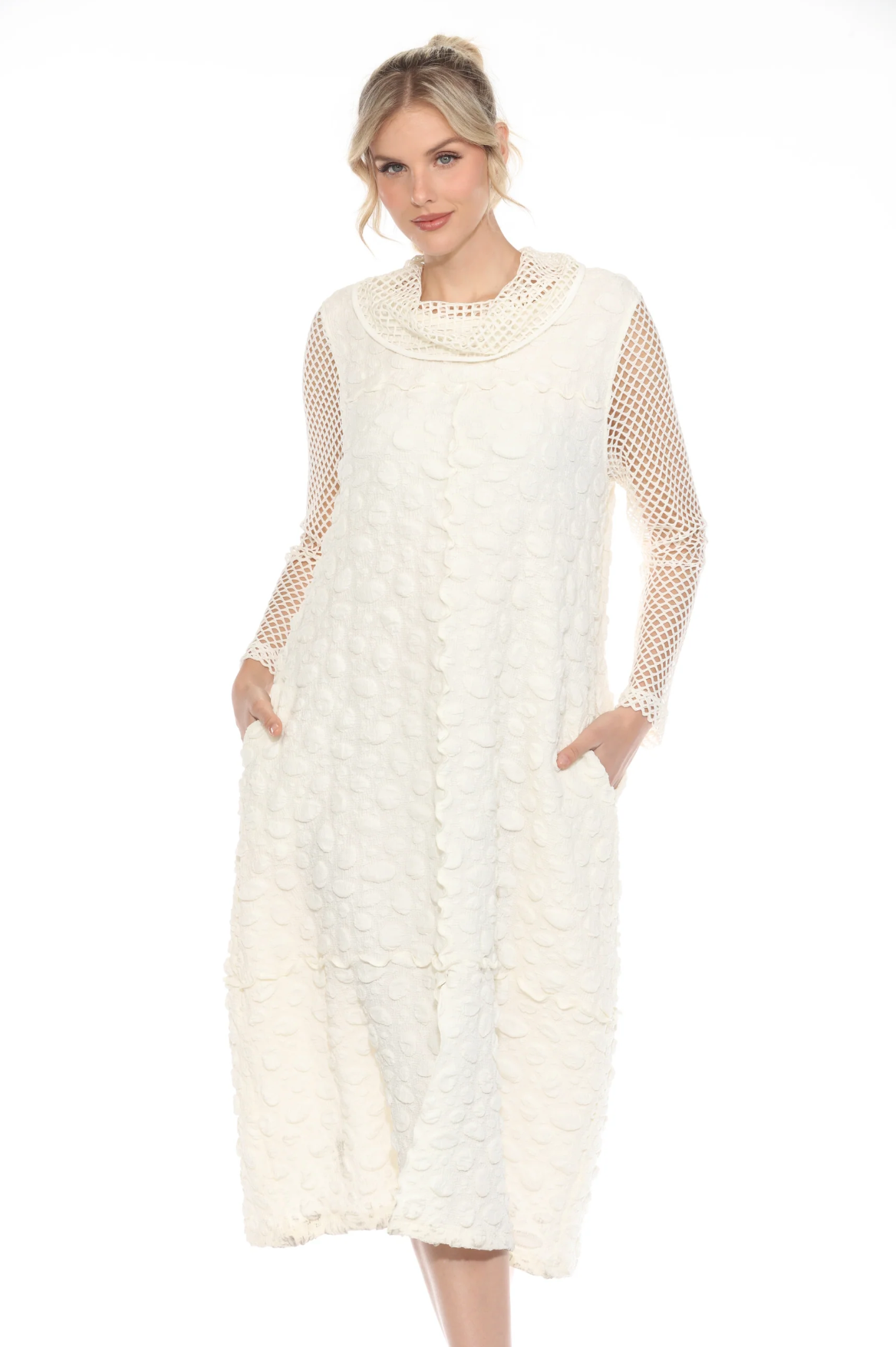 MOONLIGHT Mesh Sleeve High Neck Slit Dress - D3985 WHITE