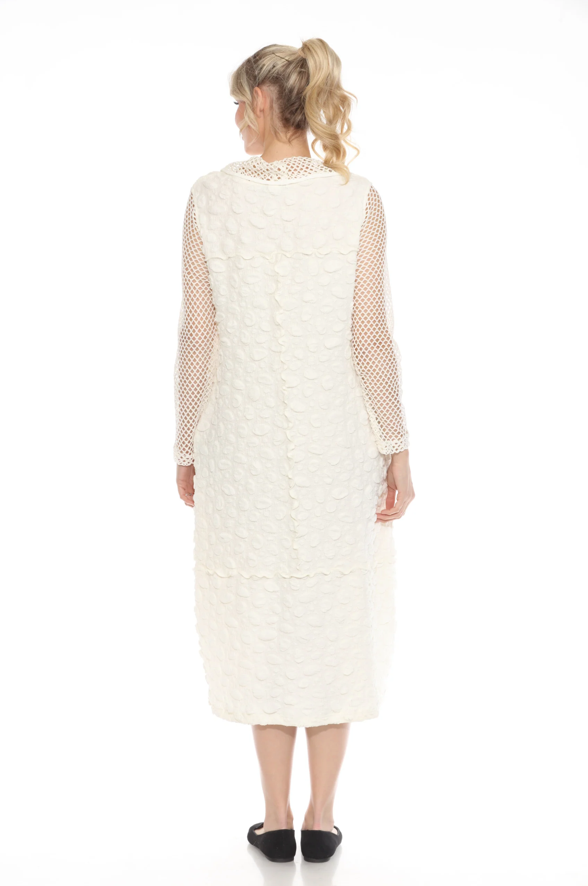 MOONLIGHT Mesh Sleeve High Neck Slit Dress - D3985 WHITE