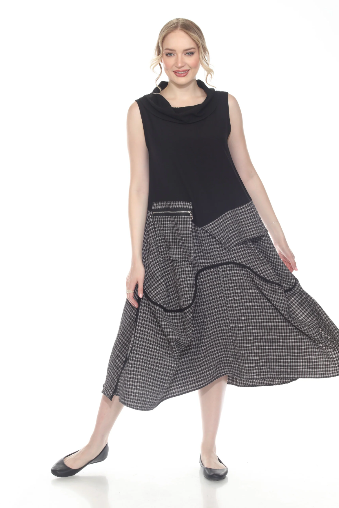 MOONLIGHT Black & Gray Checkered Print Zip Pocket Dress - D4068 - BLACK MIX