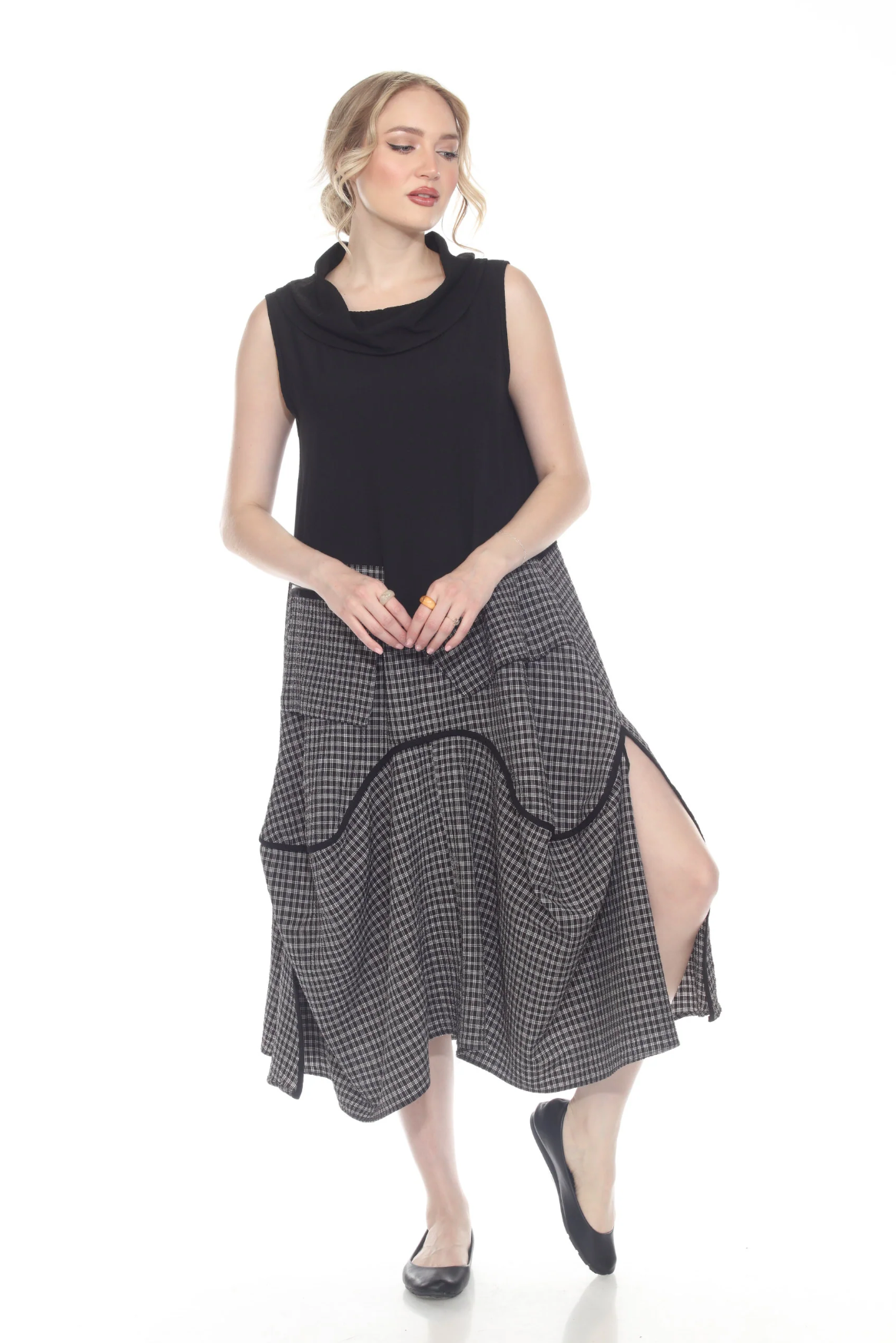 MOONLIGHT White Checkered Print Zip Pocket Dress - D4068 - WHITE MIX (NOT BLACK MIX)