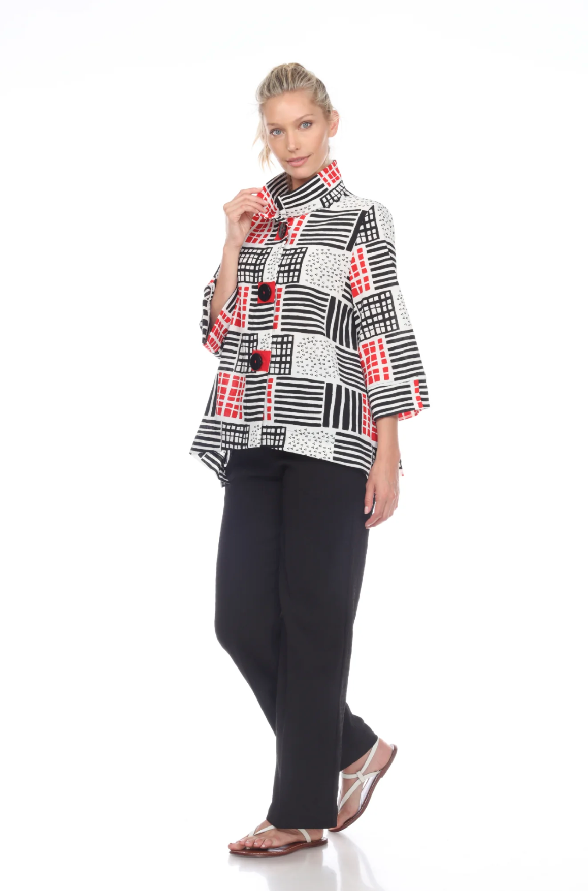 MOONLIGHT Red, Black & White Abstract Geo-Print Button Front Jacket - 2808-RED A