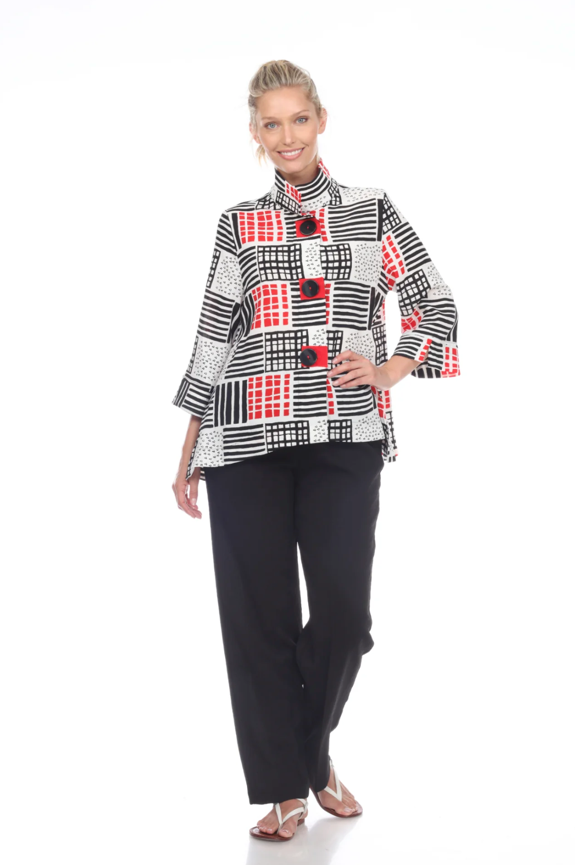 MOONLIGHT Red, Black & White Abstract Geo-Print Button Front Jacket - 2808-RED A