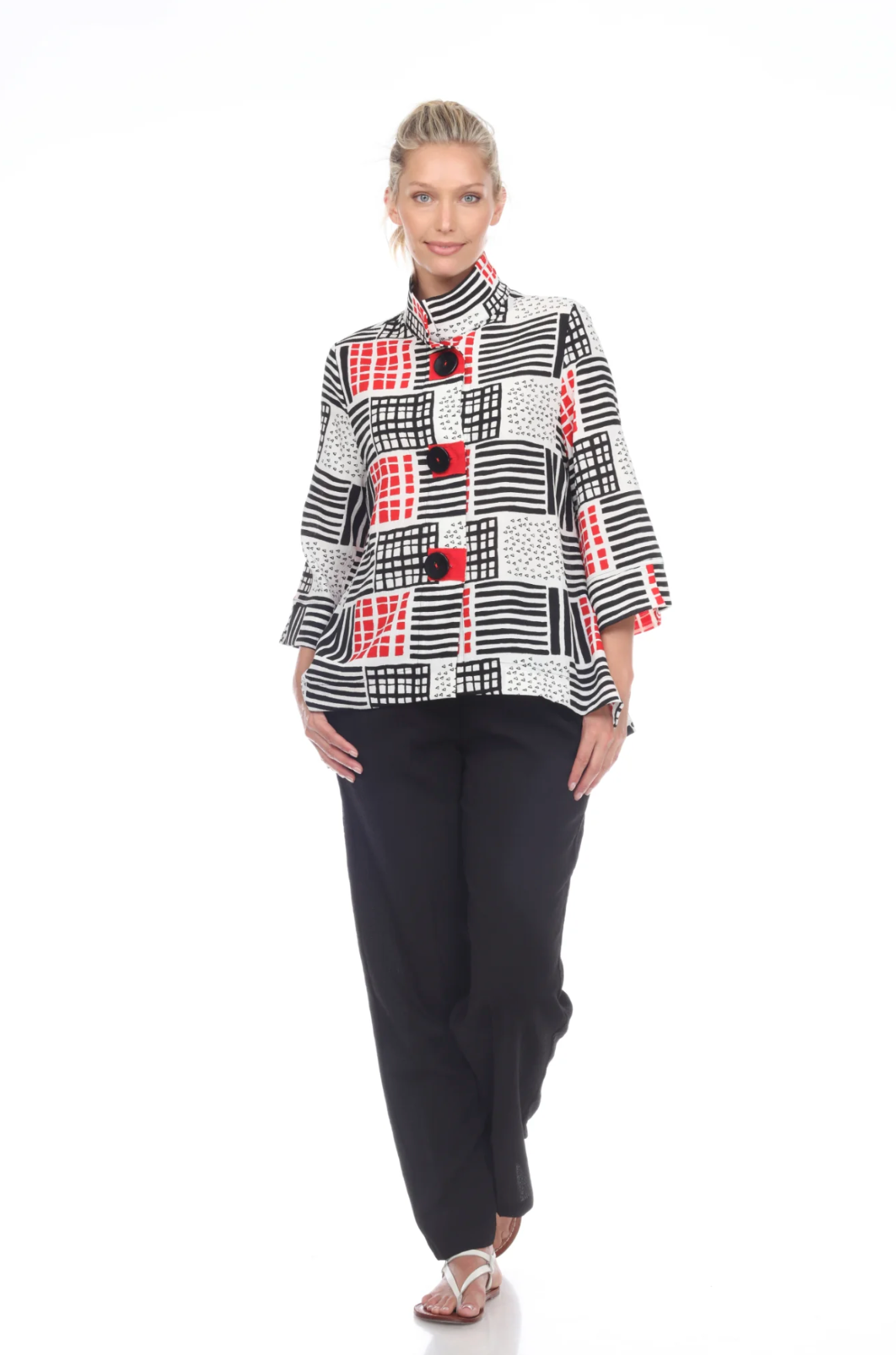 MOONLIGHT Red, Black & White Abstract Geo-Print Button Front Jacket - 2808-RED A