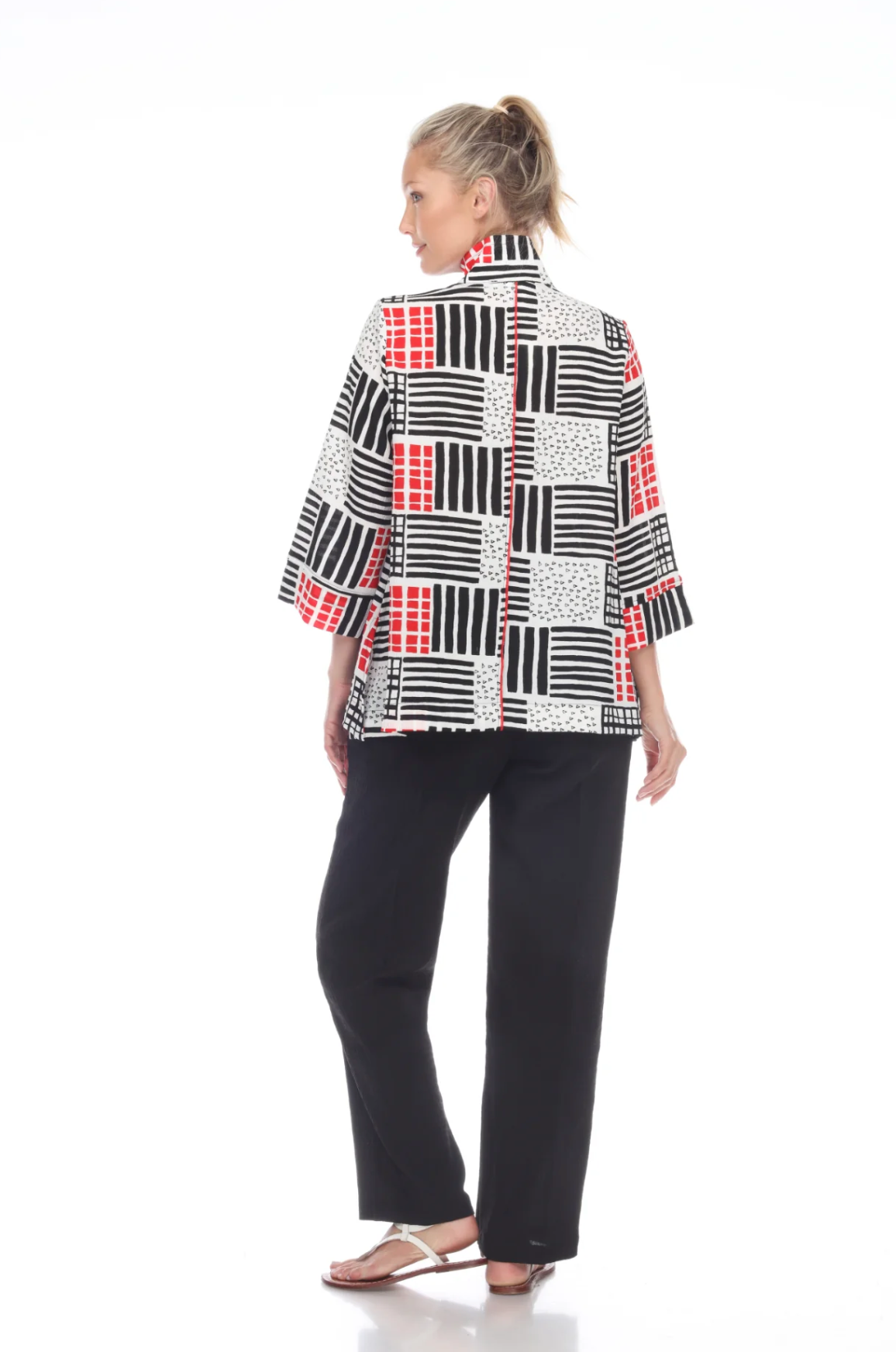 MOONLIGHT Red, Black & White Abstract Geo-Print Button Front Jacket - 2808-RED A