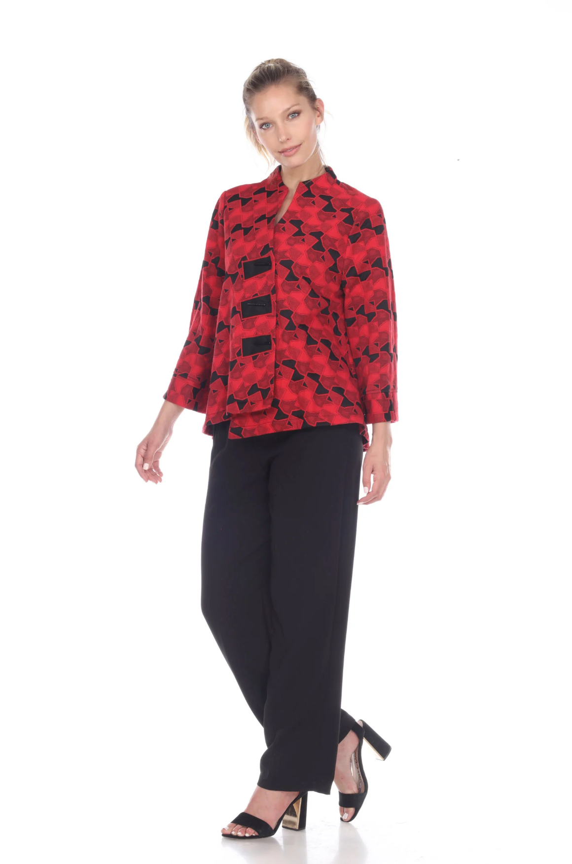 MOONLIGHT Red & Black Geo Jacquard Asymmetric Jacket - 2953-RED