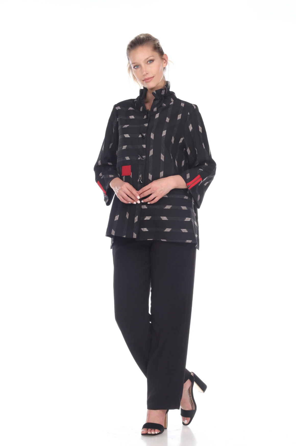 MOONLIGHT Black Geo Print Red Accent Button Front Jacket - 2881