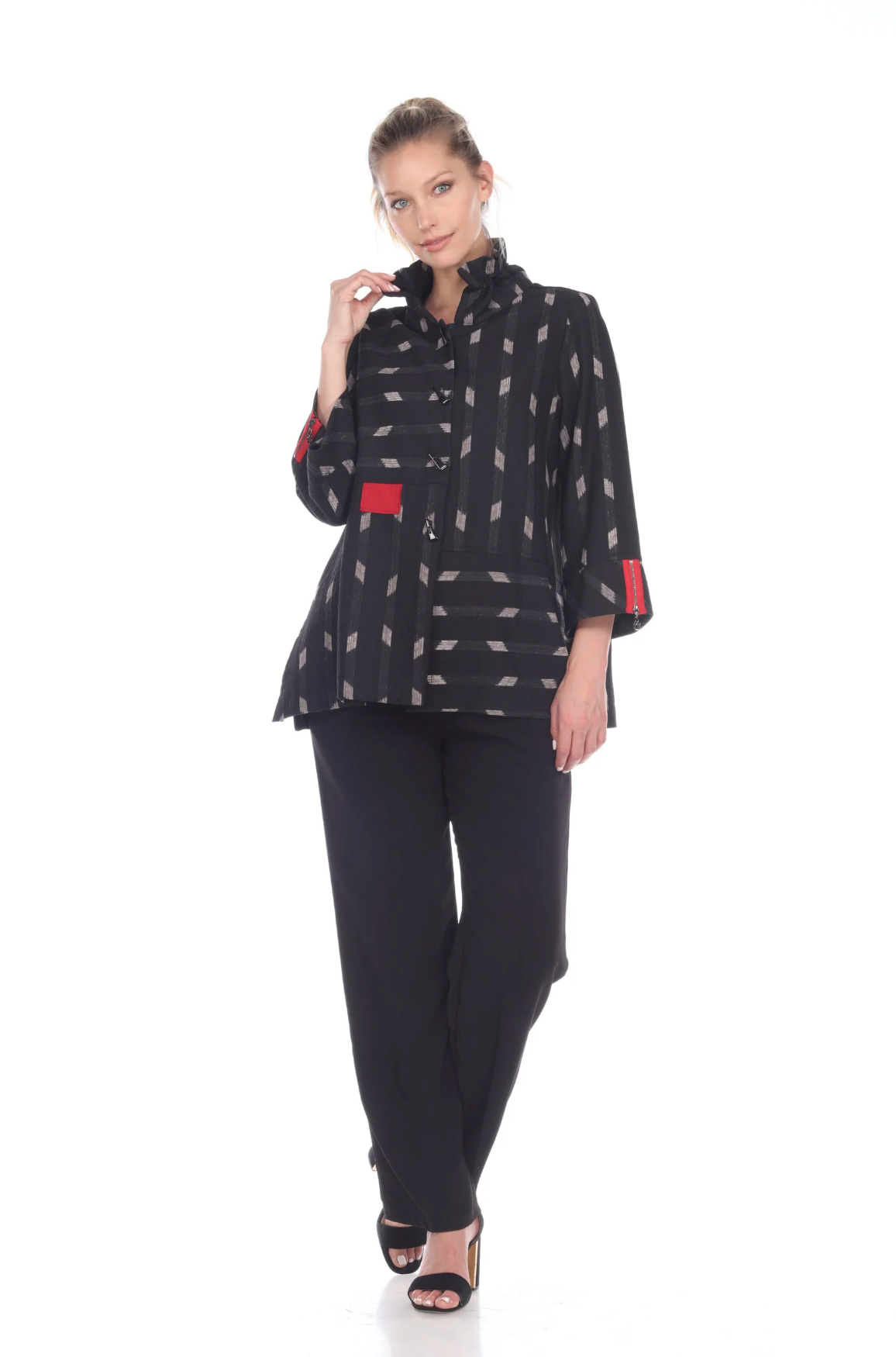 MOONLIGHT Black Geo Print Red Accent Button Front Jacket - 2881