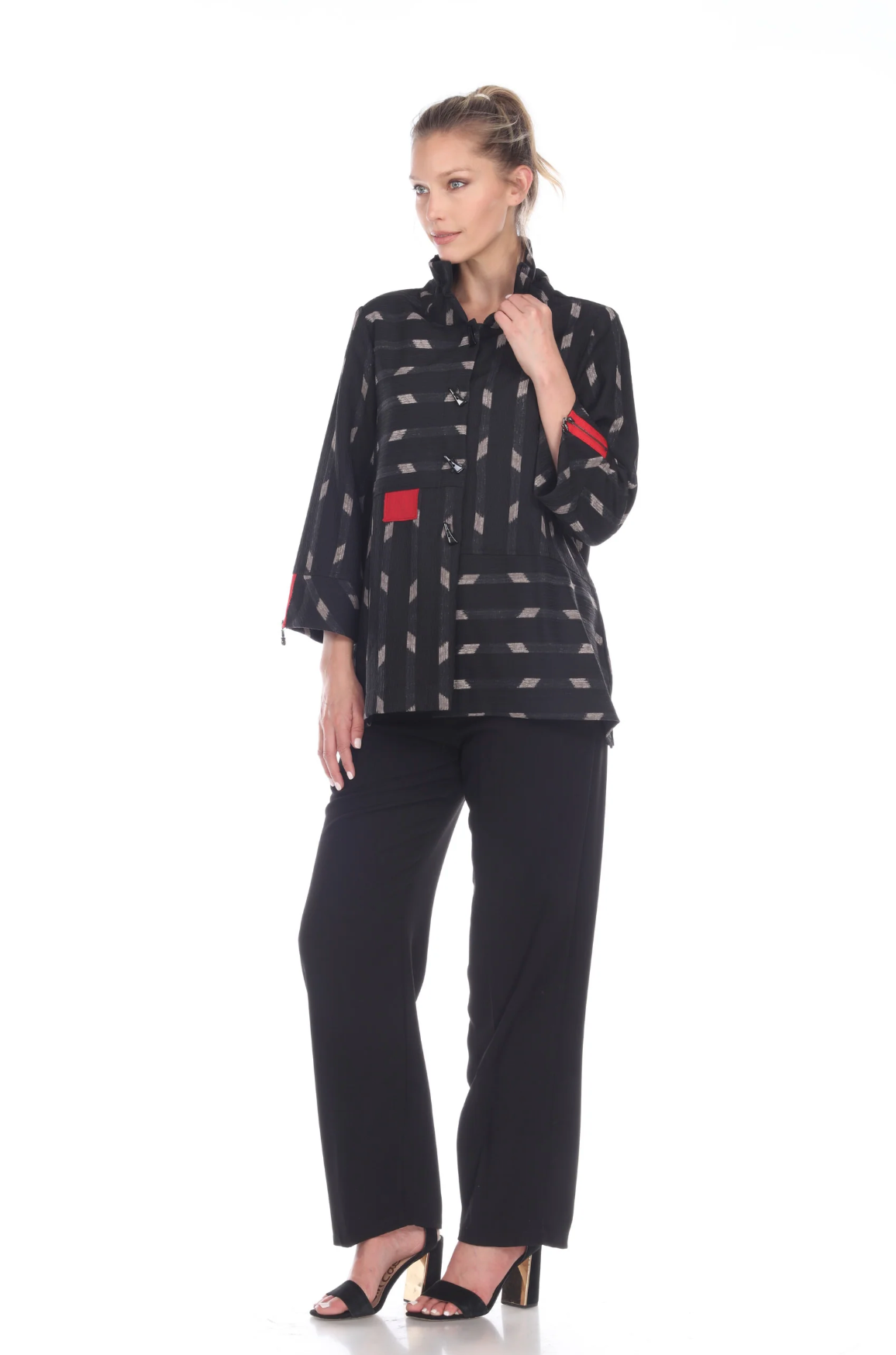MOONLIGHT Black Geo Print Red Accent Button Front Jacket - 2881