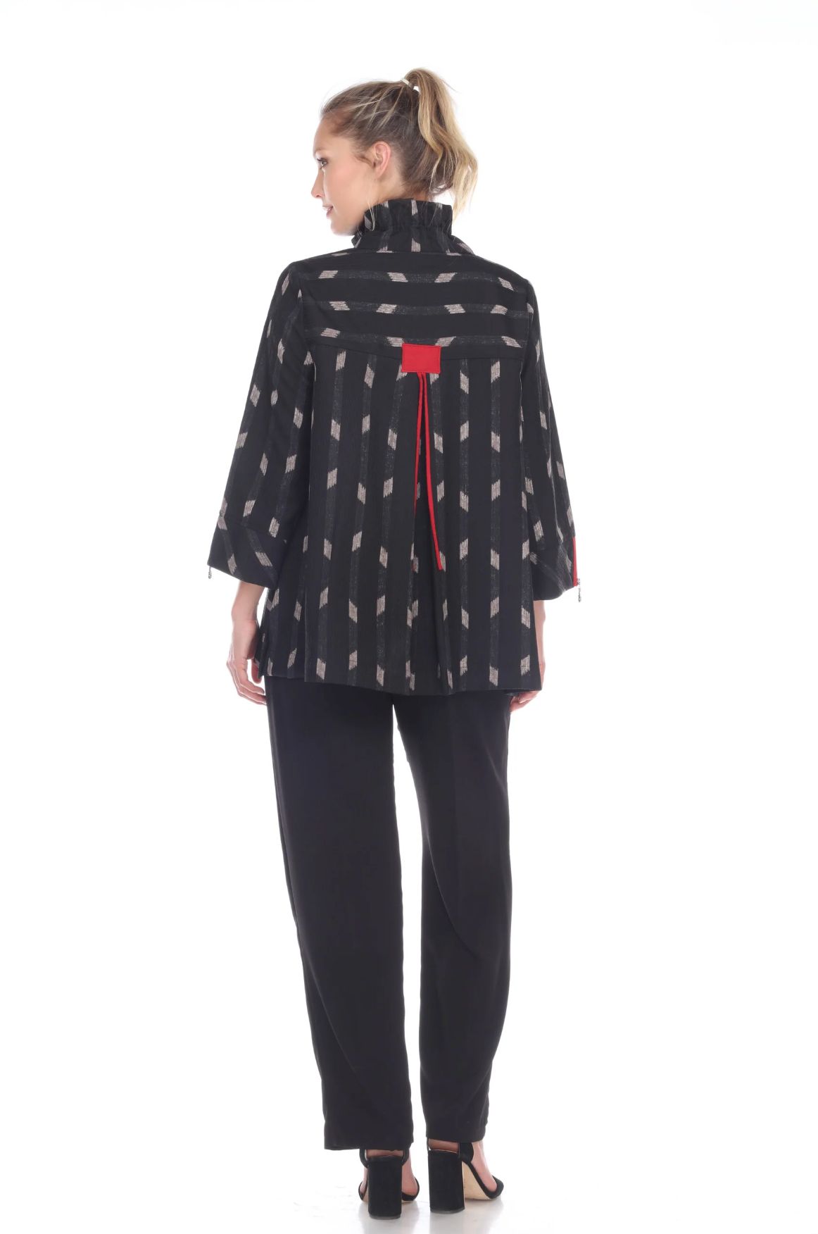 MOONLIGHT Black Geo Print Red Accent Button Front Jacket - 2881