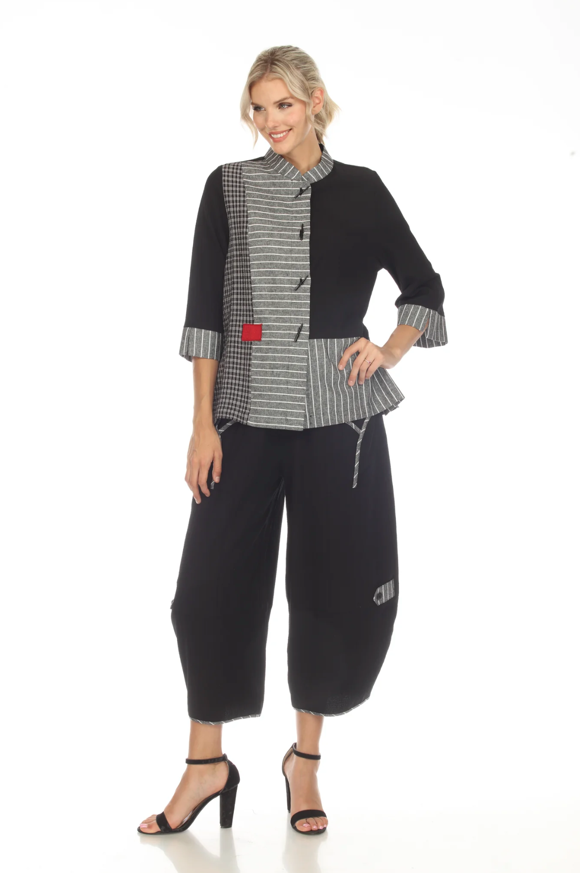MOONLIGHT Gray, White & Black Split Stripe Button Front Jacket - 2199L