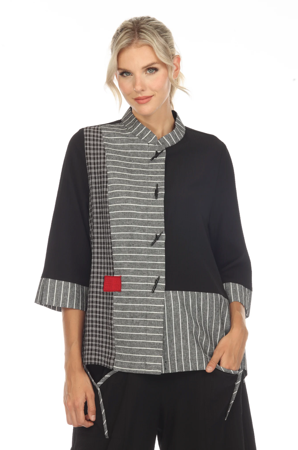 MOONLIGHT Gray, White & Black Split Stripe Button Front Jacket - 2199L
