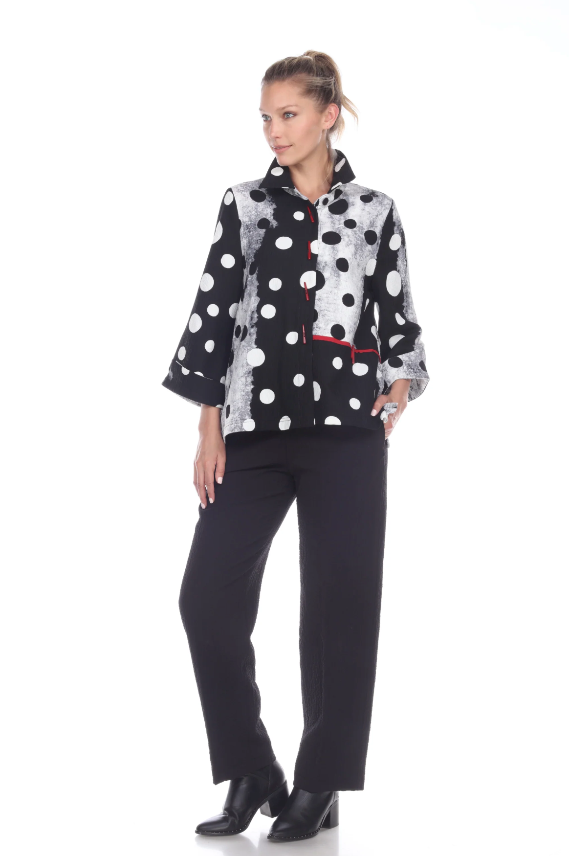 MOONLIGHT Black & White Dot Print Red Accent Jacket - 2342 - POK