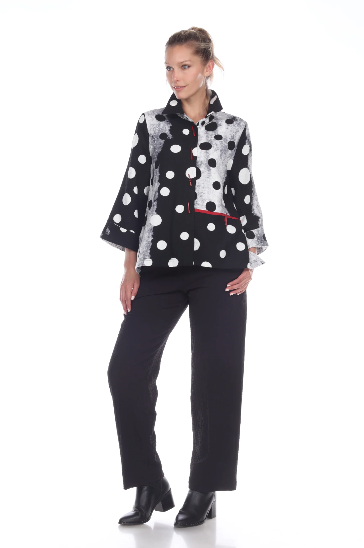 MOONLIGHT Black & White Dot Print Red Accent Jacket - 2342 - POK