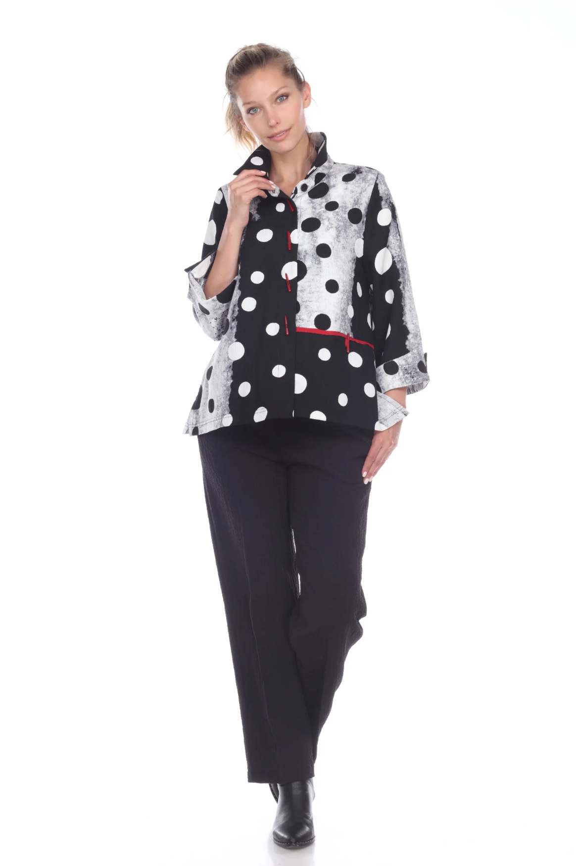 MOONLIGHT Black & White Dot Print Red Accent Jacket - 2342 - POK