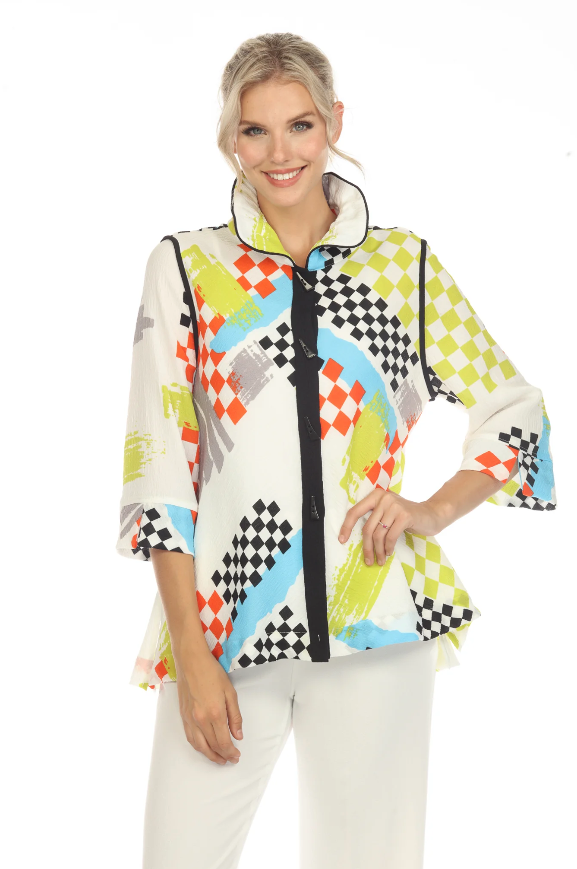 MOONLIGHT Bright Mixed Media Checkered Print Button Front Jacket - 2849