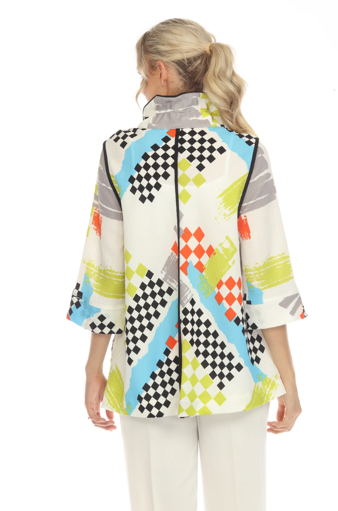 MOONLIGHT Bright Mixed Media Checkered Print Button Front Jacket - 2849